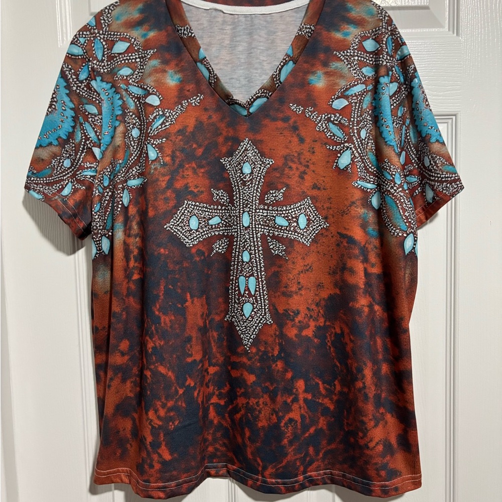 Brown & Turquoise Cross Graphic V-Neck Tee